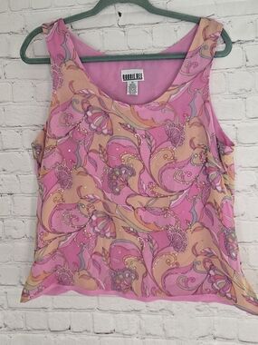 Robbie Bee Pink beaded Silk Retro Mod Floral Sleeveles Fairy Blouse Sz Lg